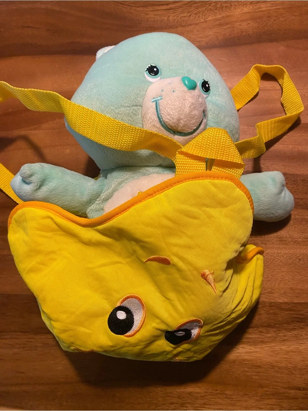 Care Bears Light Blue Plush Backpack Bear with Yellow Rainbow Belly